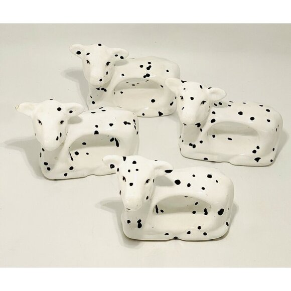 Cottage Farmhouse Spotted Cows Napkin Rings Set of 4 Ceramics Rustic White - Picture 9 of 11